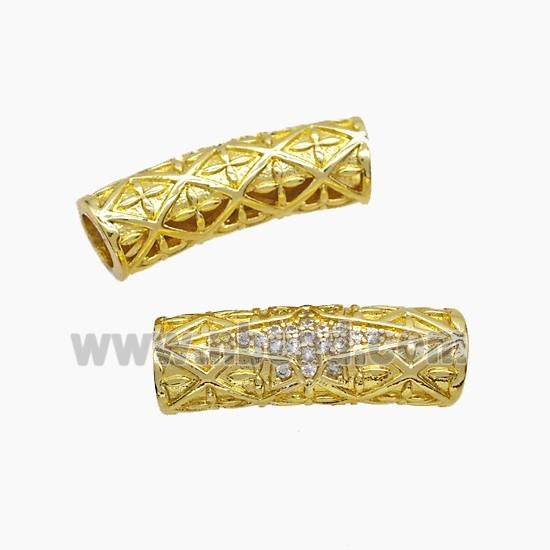 Copper Tube Beads Pave Zirconia Curving Large Hole Gold Plated