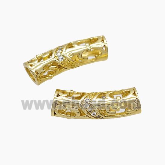 Copper Tube Beads Pave Zirconia Curving Large Hole Gold Plated