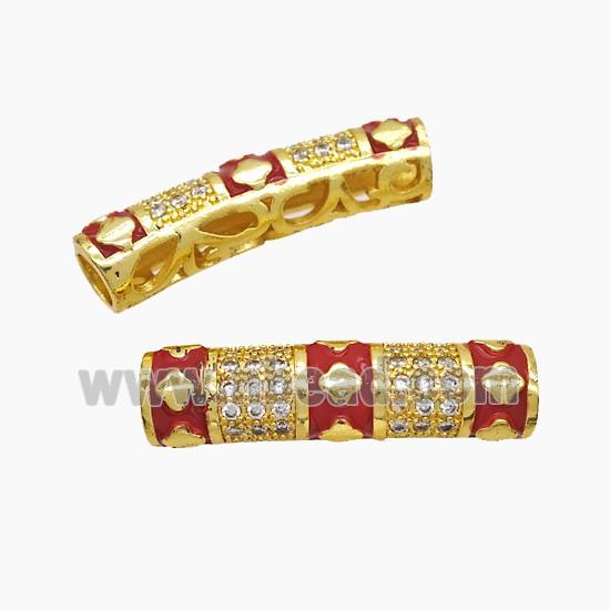 Copper Tube Beads Pave Zirconia Red Enamel Curving Large Hole Gold Plated