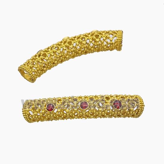 Copper Tube Beads Pave Jade Curving Large Hole Gold Plated