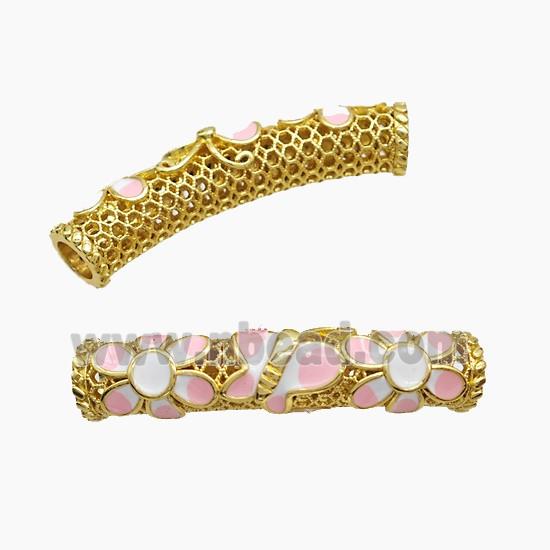 Copper Tube Beads Pink Enamel Flower Curving Large Hole Gold Plated