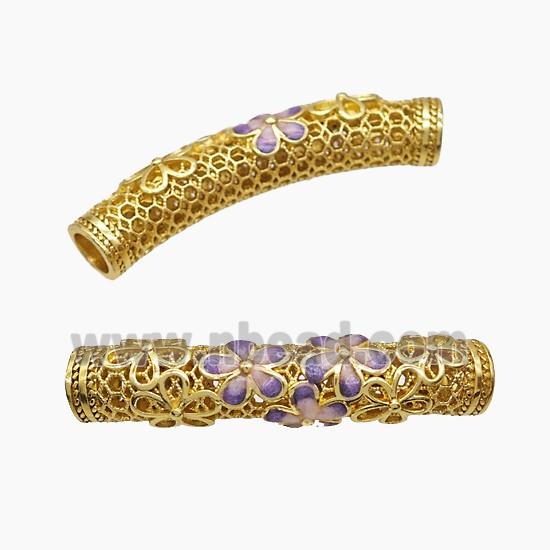 Copper Tube Beads Purple Enamel Flower Curving Large Hole Gold Plated