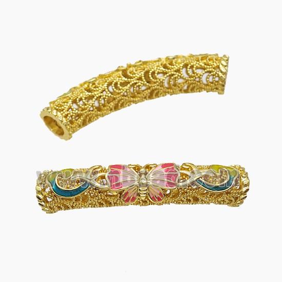 Copper Tube Beads Enamel Butterfly Curving Large Hole Gold Plated