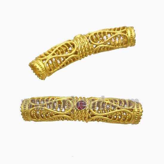 Copper Tube Beads Pave Jade Curving Large Hole Gold Plated