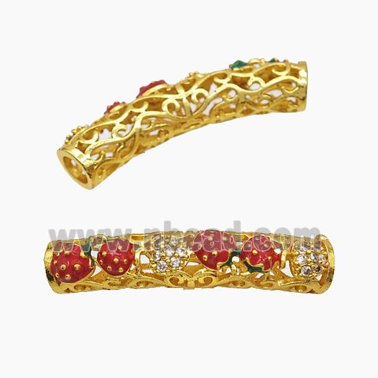 Copper Tube Beads Pave Zirconia Red Enamel Strawberry Curving Large Hole Gold Plated