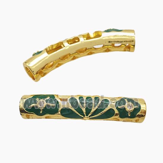 Copper Tube Beads Green Enamel Flower Curving Large Hole Gold Plated