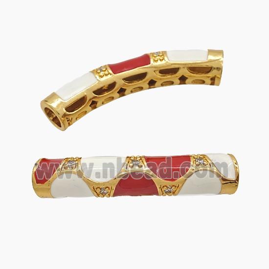 Copper Tube Beads Pave Zirconia White Red Enamel Curving Large Hole Gold Plated