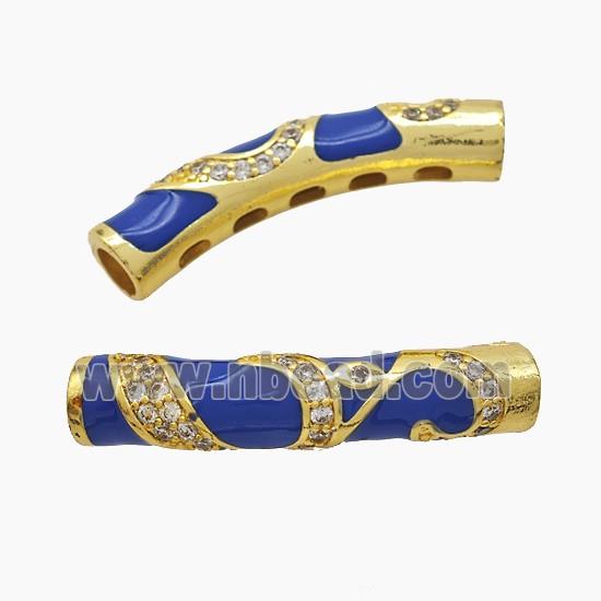 Copper Tube Beads Pave Zirconia Blue Enamel Large Hole Curving Gold Plated