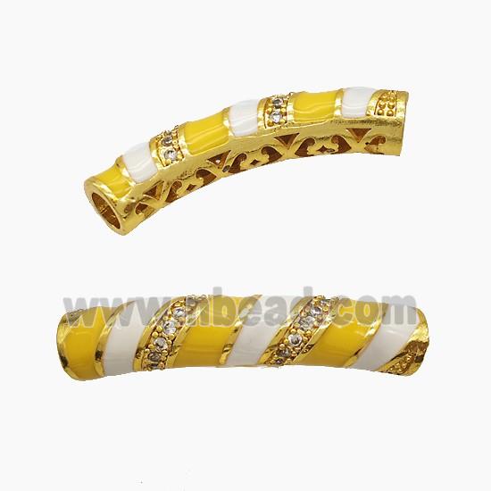 Copper Tube Beads Pave Zirconia White Yellow Enamel Large Hole Curving Gold Plated