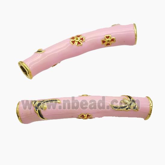 Copper Tube Beads Pink Enamel Large Hole Curving Gold Plated