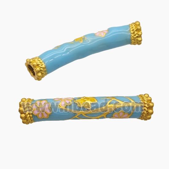 Copper Tube Beads Turqblue Enamel Large Hole Curving Flower Gold Plated