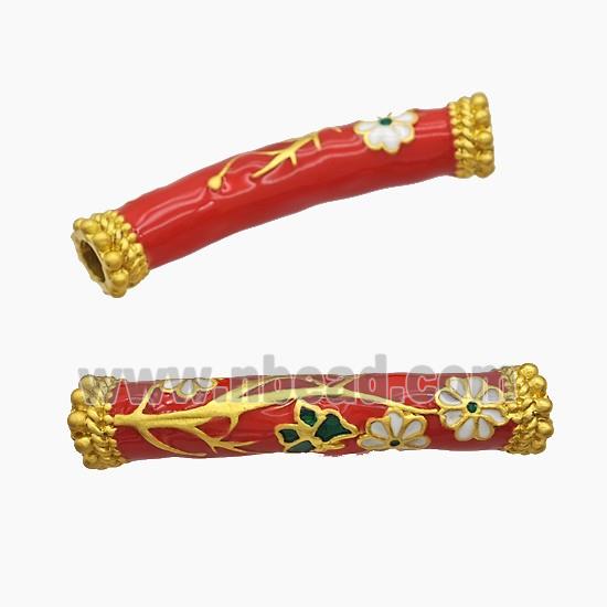 Copper Tube Beads Red Enamel Large Hole Flower Curving Gold Plated