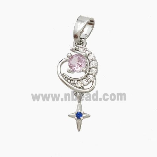 Copper Moon Pendant Pave Zirconia Crystal Glass Star Platinum Plated