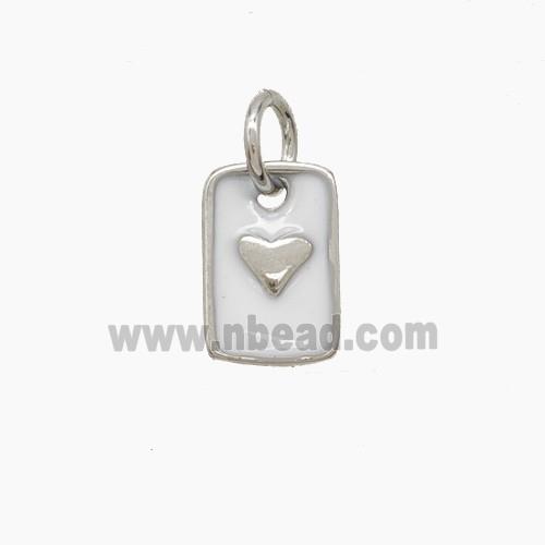 Copper Rectangle Heart Pendant White Enamel Platinum Plated