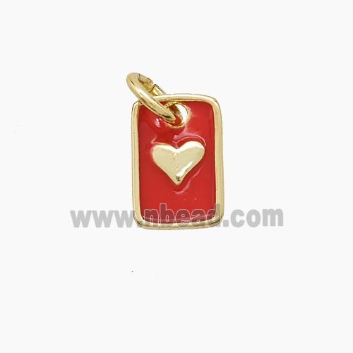 Copper Rectangle Heart Pendant Red Enamel Gold Plated