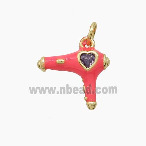 Copper Hairdriver Pendant Pave Zirconia Red Enamel Gold Plated