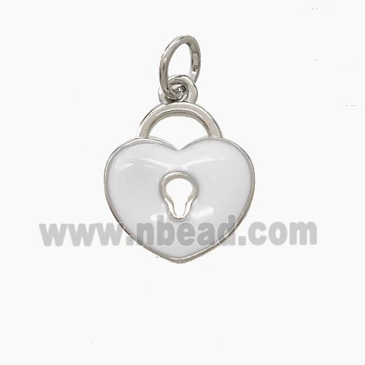 Copper Heart Lock Pendant White Enamel Platinum Plated