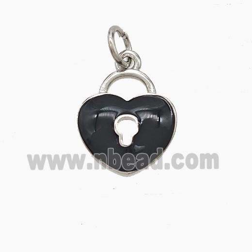 Copper Heart Lock Pendant Black Enamel Platinum Plated