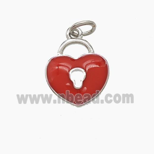 Copper Heart Lock Pendant Red Enamel Platinum Plated