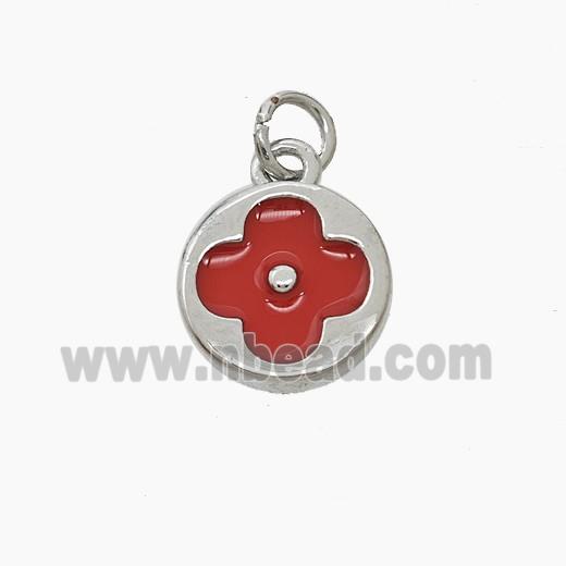 Copper Clover Pendant Red Enamel Platinum Plated