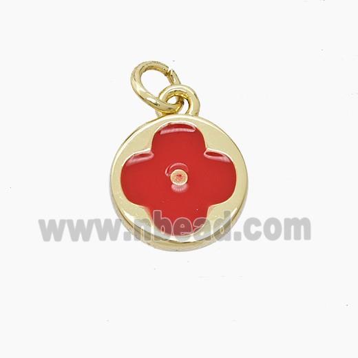Copper Clover Pendant Red Enamel Gold Plated