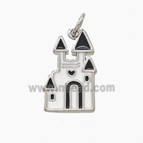 Halloween Castle Charms Copper Pendant White Black Enamel Platinum Plated