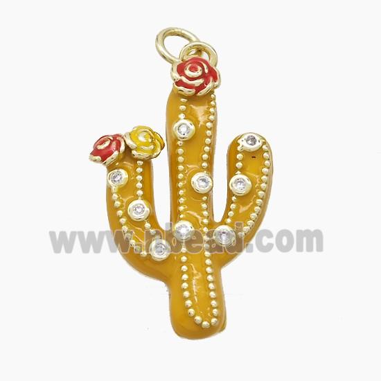 Copper Cactus Pendant Pave Zirconia Yellow Enamel Gold Plated