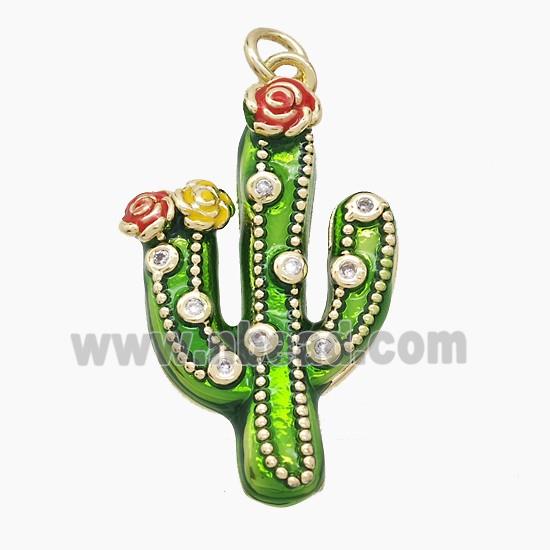Copper Cactus Pendant Pave Zirconia Green Painted Gold Plated