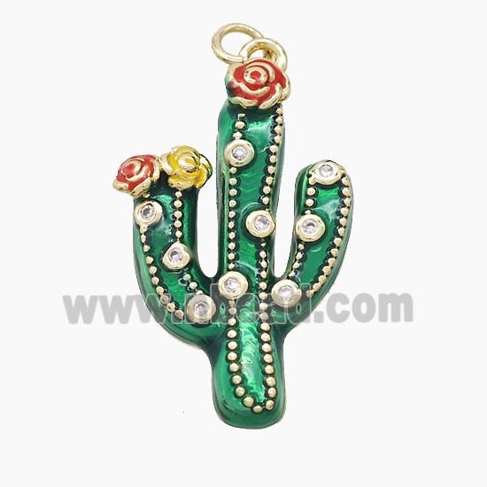 Copper Cactus Pendant Pave Zirconia Green Painted Gold Plated