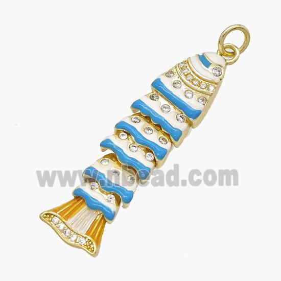 Copper Fish Pendant Pave Zirconia White Blue Enamel Gold Plated