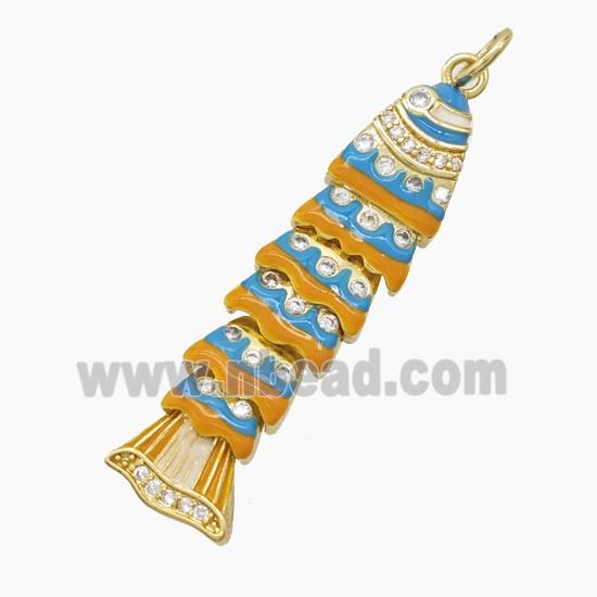 Copper Fish Pendant Pave Zirconia Brown Blue Enamel Gold Plated