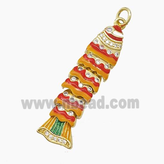 Copper Fish Pendant Pave Zirconia Brown Red Enamel Gold Plated