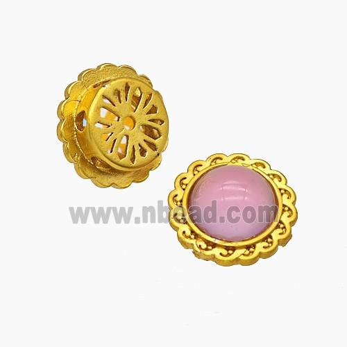 Copper Circle Beads Pave Pink Resin Gold Plated