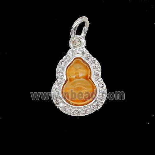 Copper Gourd Pendant Pave Zirconia Orange Catseye Shiny Silver