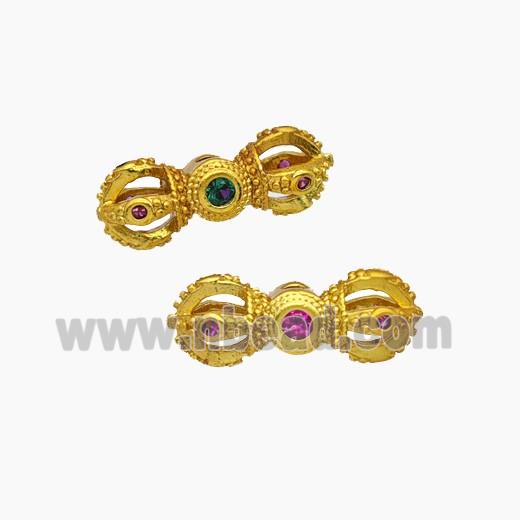 Tibetan Style Copper Vajra Pestle Beads Pave Zirconia Gold Plated