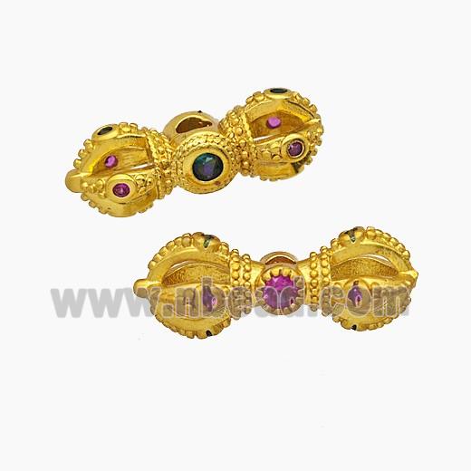 Tibetan Style Copper Vajra Pestle Beads Pave Zirconia Gold Plated