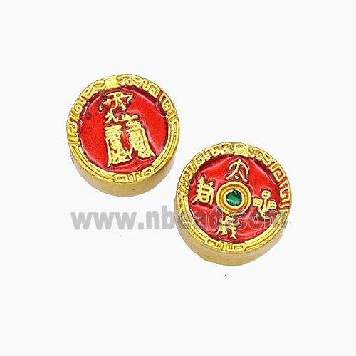 Chinese Style Copper Coin Beads Red Painted Gold Plated