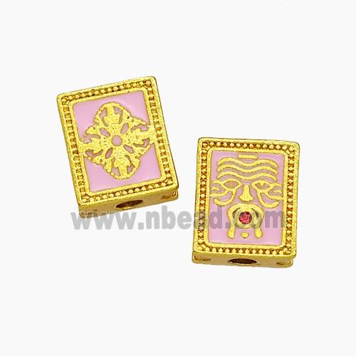 Tibetan Style Copper Buddha Beads Pink Painted Rectangle Gold Plated