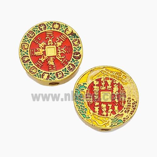 Chinese Style Copper Coin Beads Eight Diagram Red Painted Gold Plated