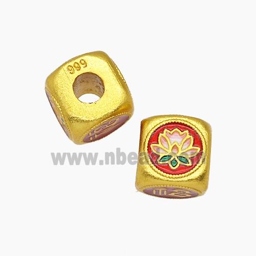 Copper Cube Beads Lotus Flower Painted Gold Plated
