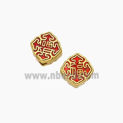 Copper Square Beads Red Painted Chinese Characters FU Gold Plated