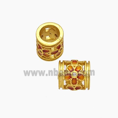 Copper Tube Beads Orange Painted Large Hole Flower Gold Plated