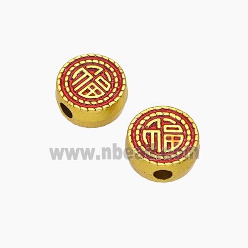 Copper Button Beads With Chinese Lucky Words Fu Red Painted Gold Plated