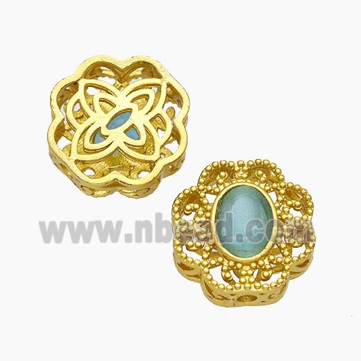 Copper Flower Beads Pave Catseye Gold Plated