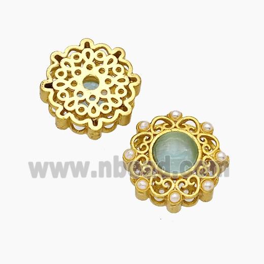 Copper Flower Beads Pave Catseye Gold Plated