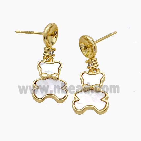Copper Bear Stud Earrings Pave Shell 18K Gold Plated