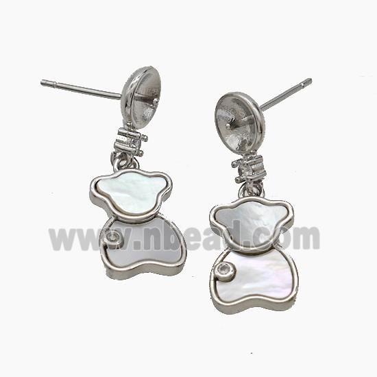 Copper Bear Stud Earrings Pave Shell Platinum Plated