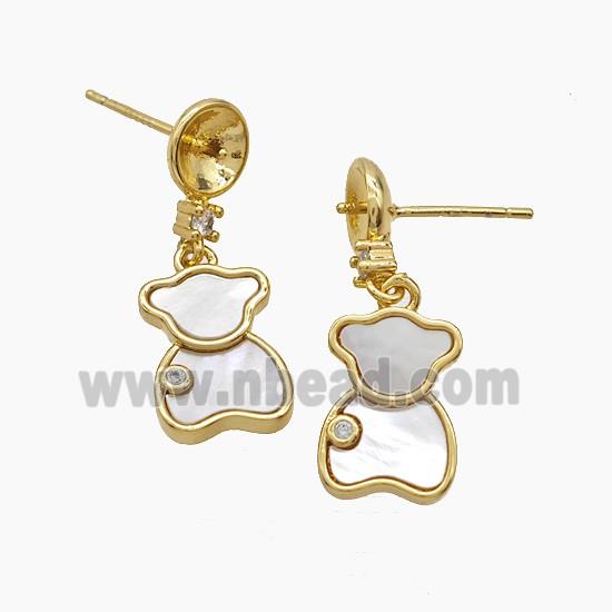 Copper Bear Stud Earrings Pave Shell 18K Gold Plated