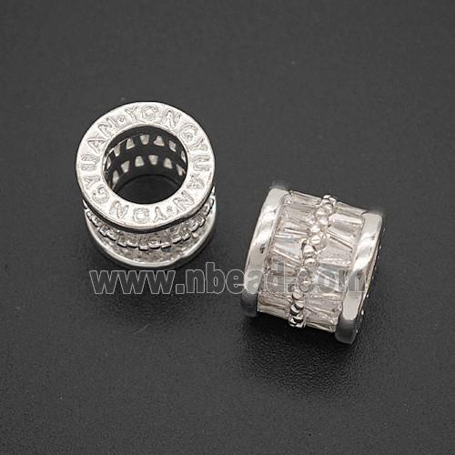 Copper Tube Beads Micropave Zirconia Large Hole Shiny Silver