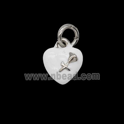 Copper Heart Pendant With Rose Flower White Enamel Platinum Plated
